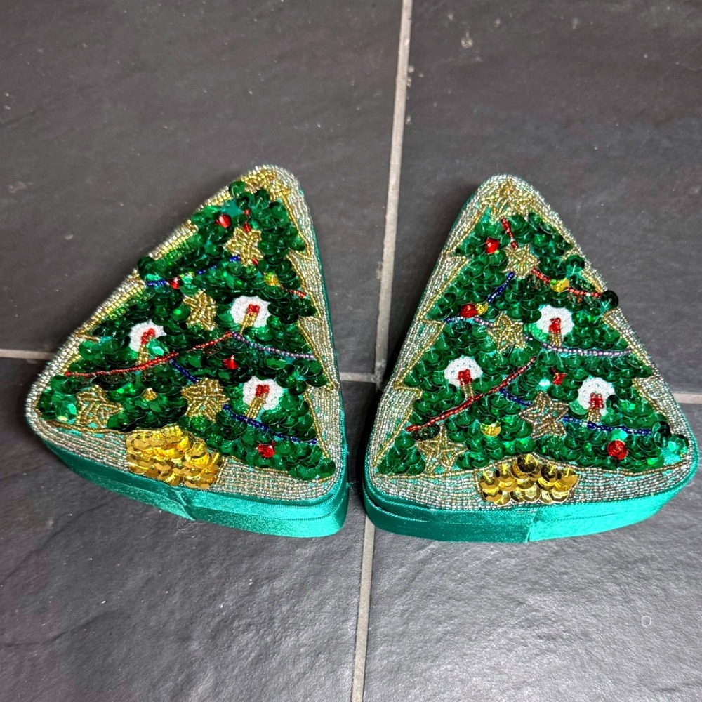 GAC Beaded Sequin Christmas Tree Ornament Boxes Green Satin Padded Set of 2